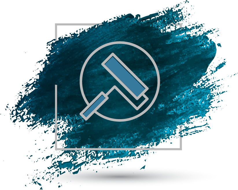 A paint roller icon over a blue paint splash background.