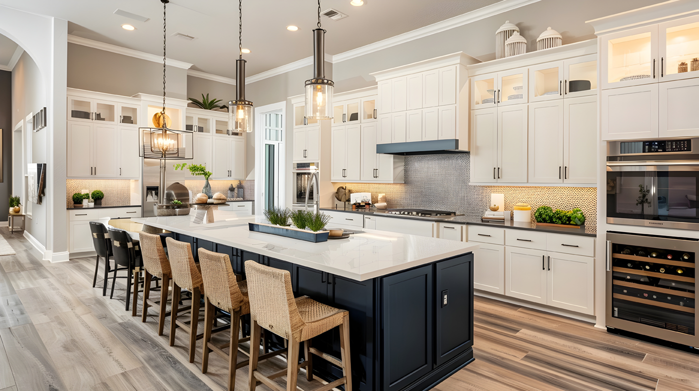 Modern kitchen with white cabinets, a large central island with a dark base and white countertop, six woven barstools, pendant lighting, stainless steel appliances including a wine cooler, and decorative plants and utensils.