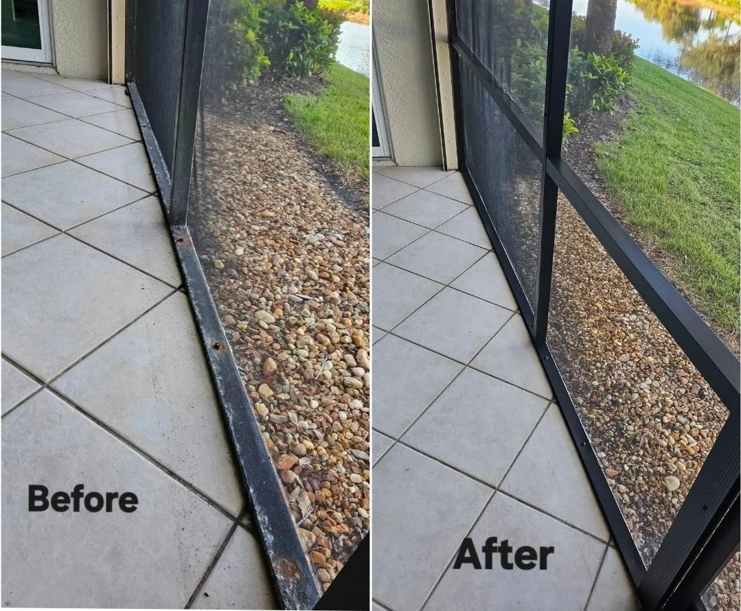 Comparison of a screened porch bottom frame before and after cleaning and repainting. The 'before' side shows a rusty, dirty frame, while the 'after' side shows a clean, freshly painted frame.