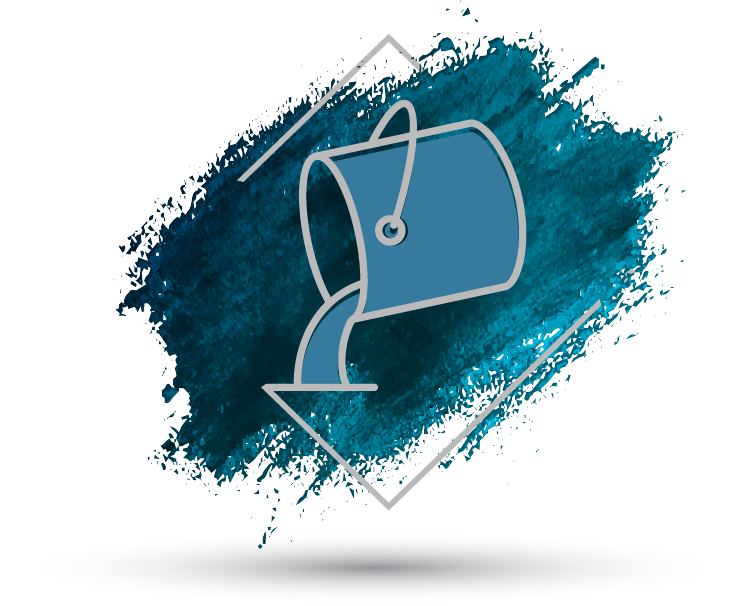 Illustration of a bucket being emptied, with a backdrop resembling a splash of blue paint and abstract lines