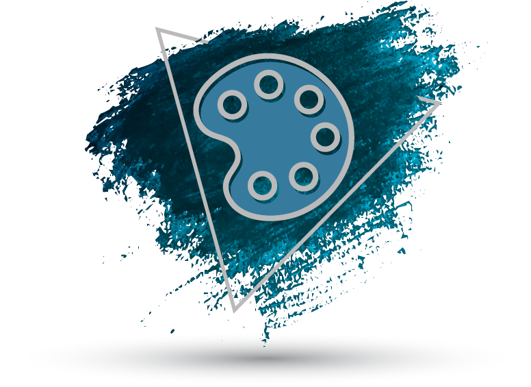 Graphic of a painter's palette with circular paint wells, overlaid on a blue textured background with measurement lines.