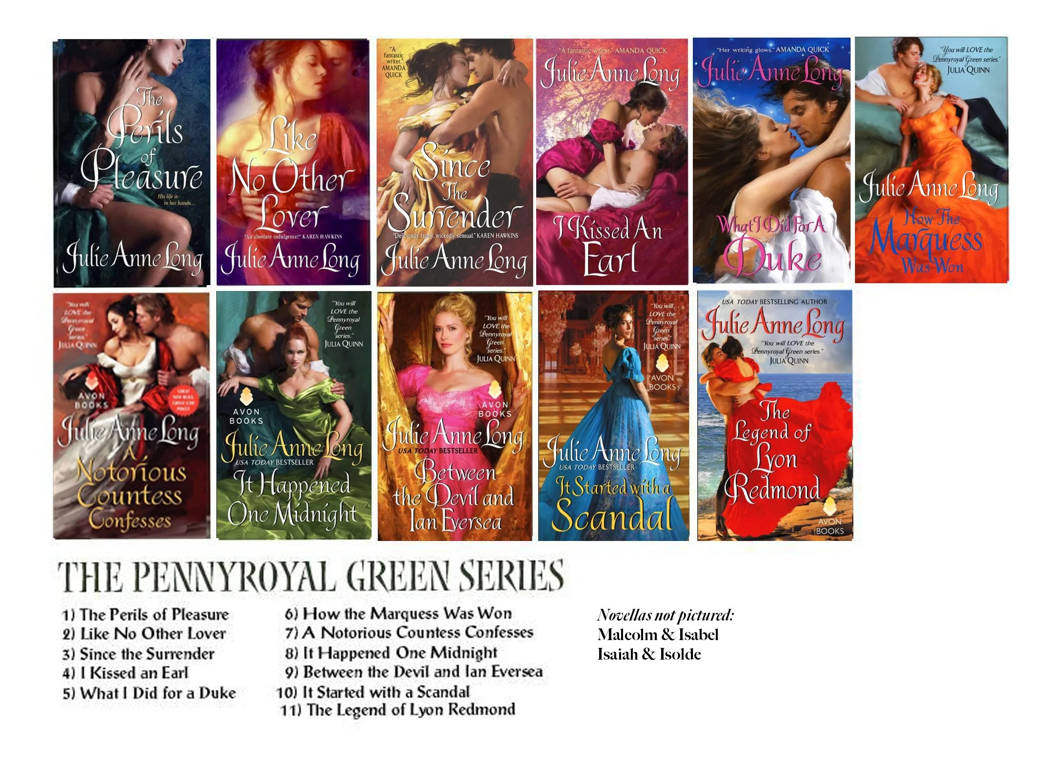 A collection of ten romance book covers from The Pennyroyal Green Series by Julie Anne Long, featuring romantic scenes with couples, and a list of the book titles and authors beneath the covers.