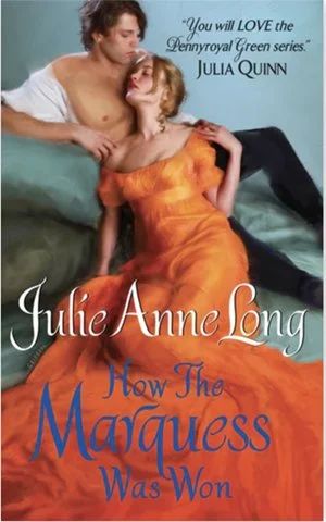 Book cover for 'How The Marquess Was Won' by Julie Anne Long, featuring a man and woman in romantic pose. The woman is lying on a bed in an orange dress, and the man is leaning over her, both looking at each other. The background is blue, with a quote from Julia Quinn.
