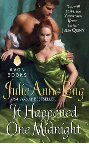 Cover of the novel 'It Happened One Midnight' by Julie Anne Long featuring a man and a woman, with the woman in a green dress, embracing each other.