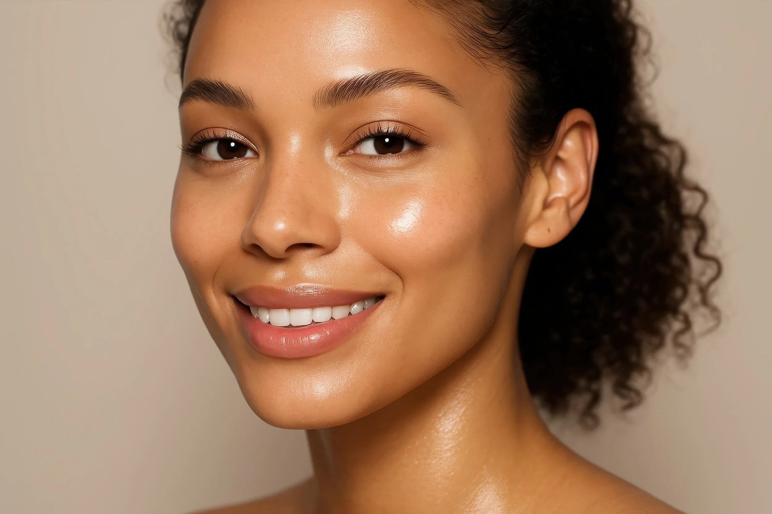Close-up portrait of a smiling woman with clear skin and curly hair.