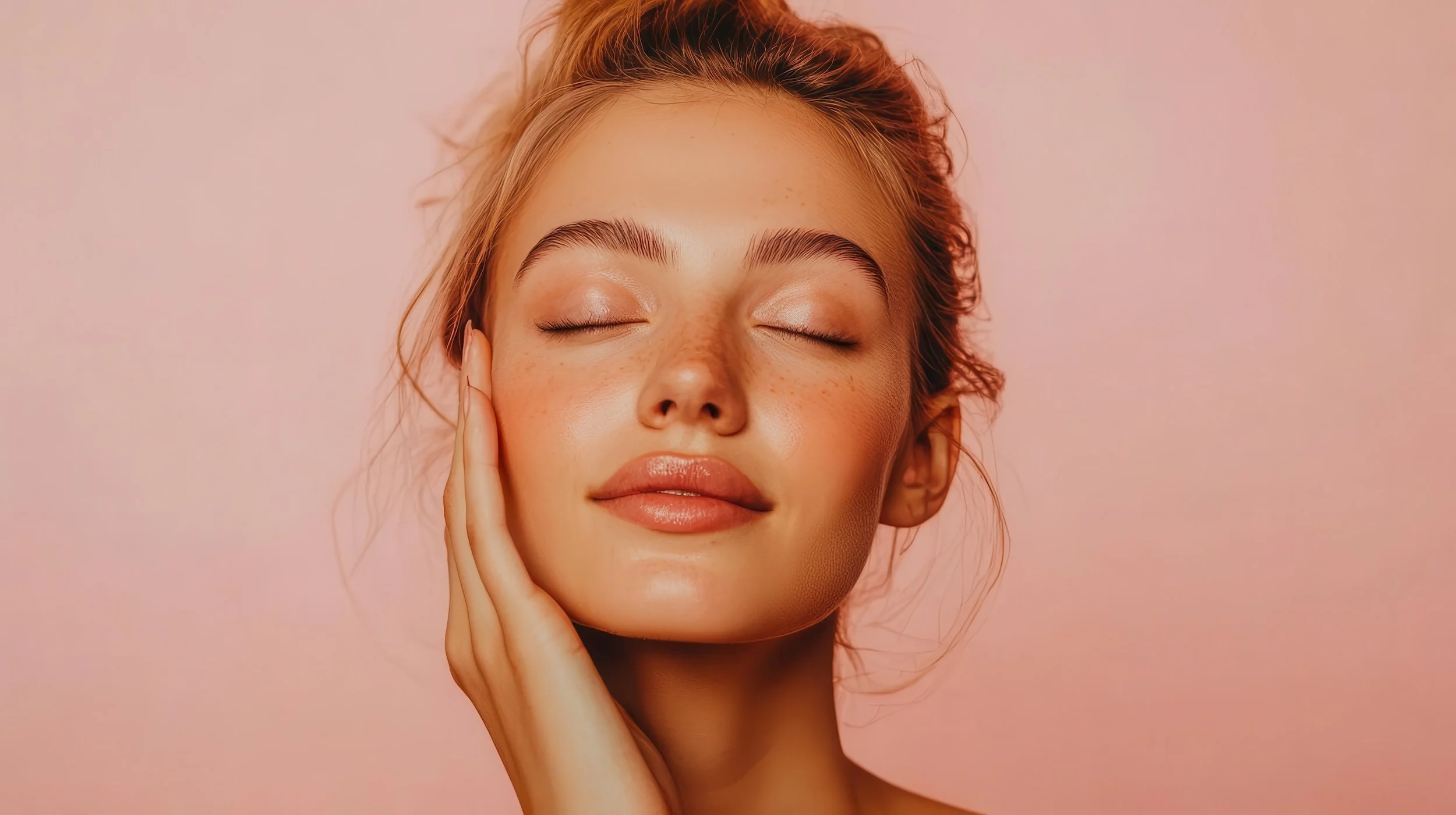 A young woman with closed eyes smiling gently, touching her face with her hand, against a light pink background.