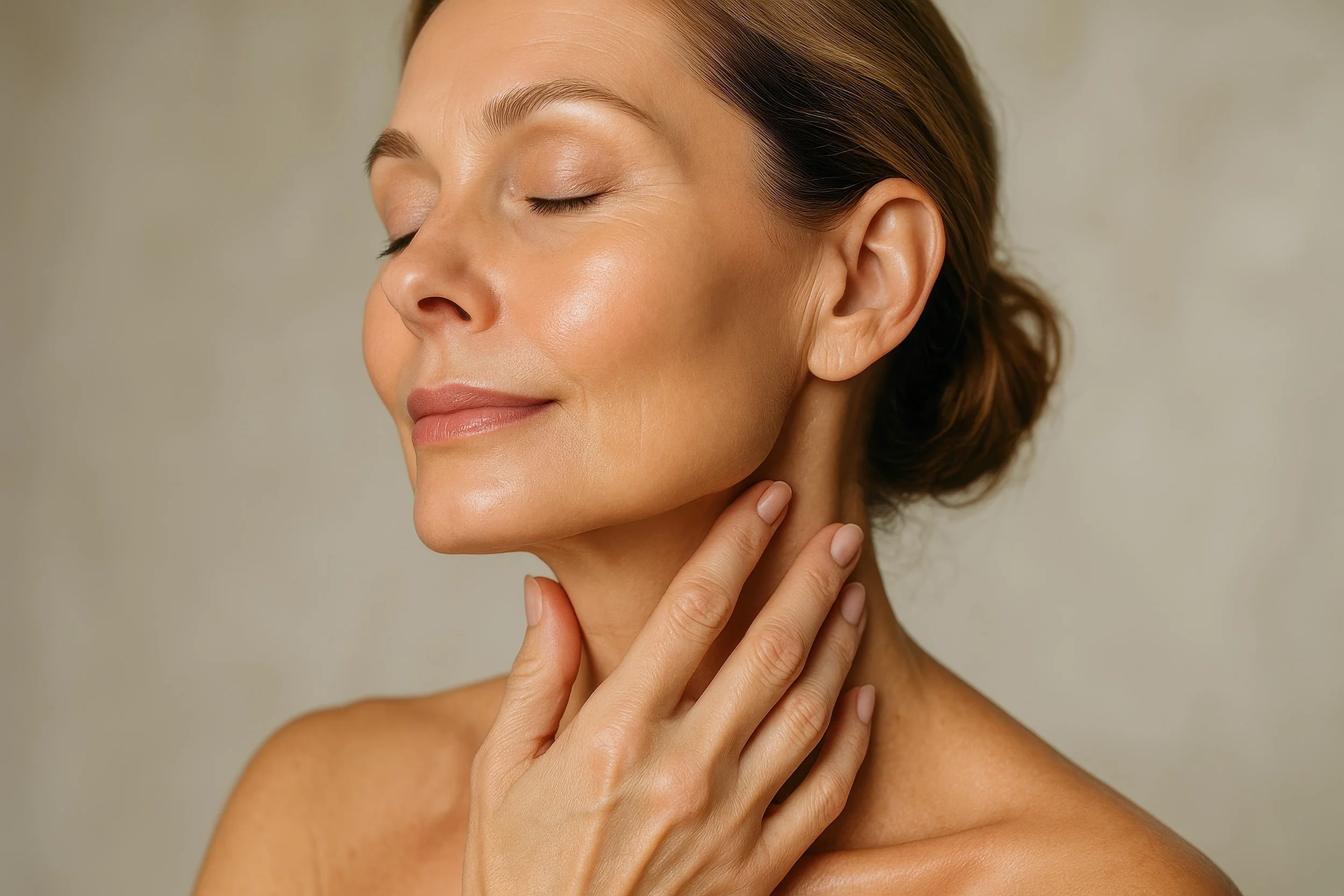 Close-up of a mature woman with clear, glowing skin and closed eyes, gently touching her neck with her fingers, in a serene and relaxed pose.