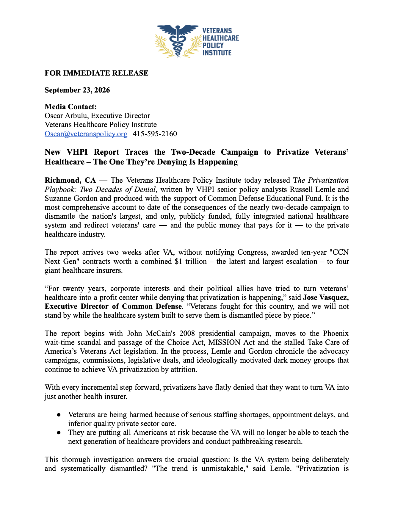 New VHPI Report Traces the Two-Decade Campaign to Privatize Veterans’ Healthcare – The One They’re Denying Is Happening