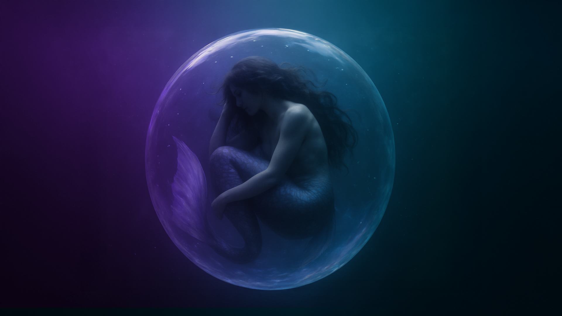 A digitally created image of a woman with mermaid-like features, curled up inside a transparent sphere in a dark, space-like background with purple and teal colors.