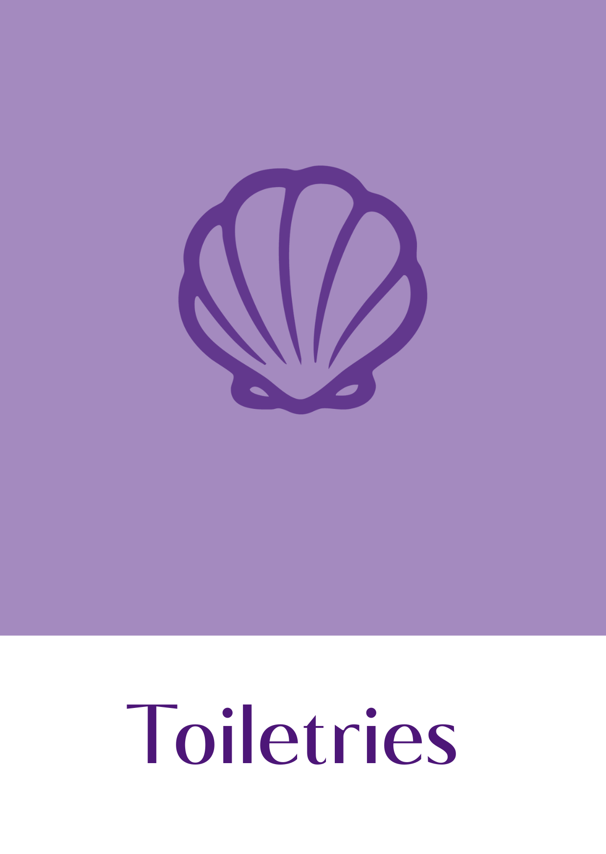 A purple shell icon on a light purple background with the word 'Toiletries' written below.