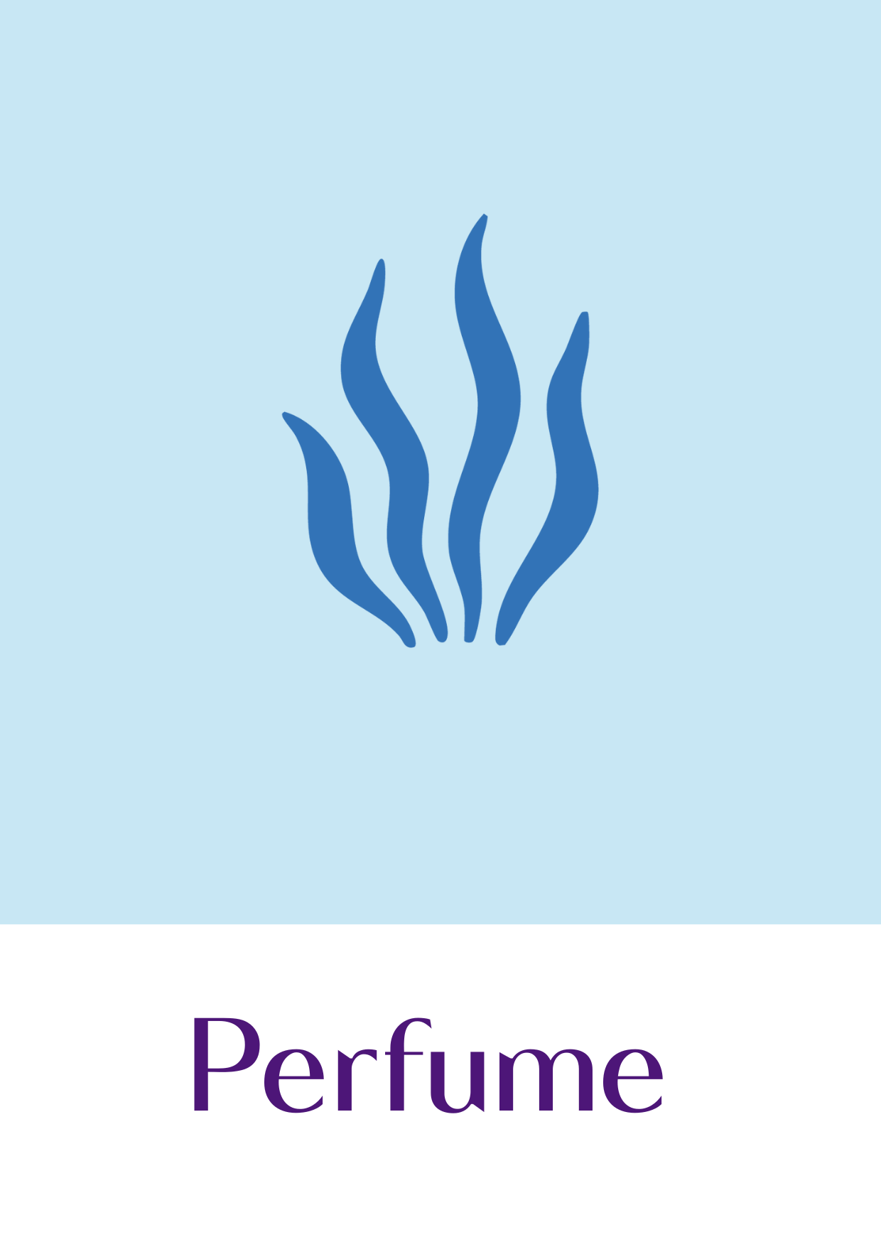 Light blue background with stylized blue scent waves and the word 'Perfume' in purple at the bottom.