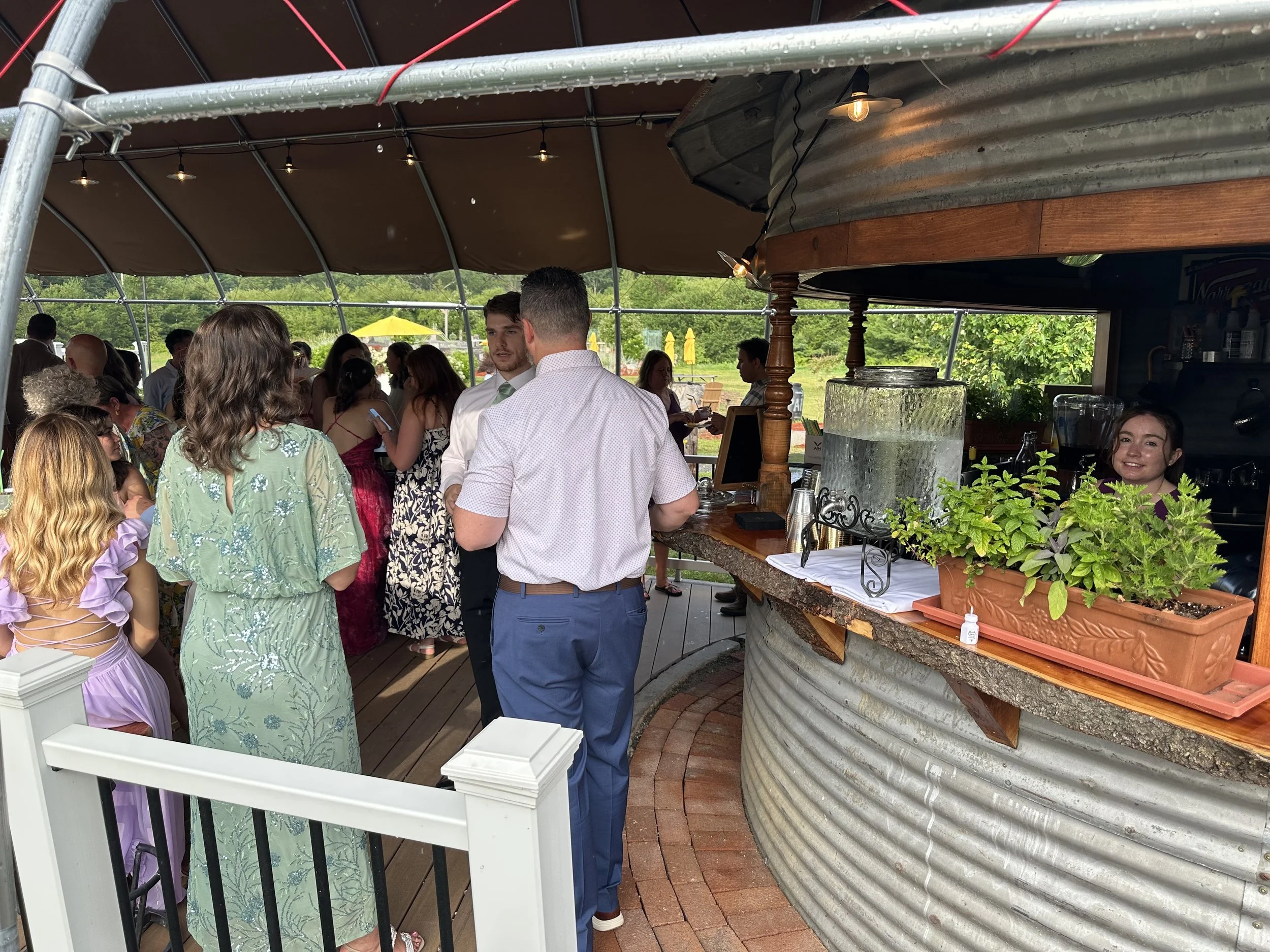Guests gathering at a wedding reception under a tent, with some talking near a bar area decorated with plants and string lights.