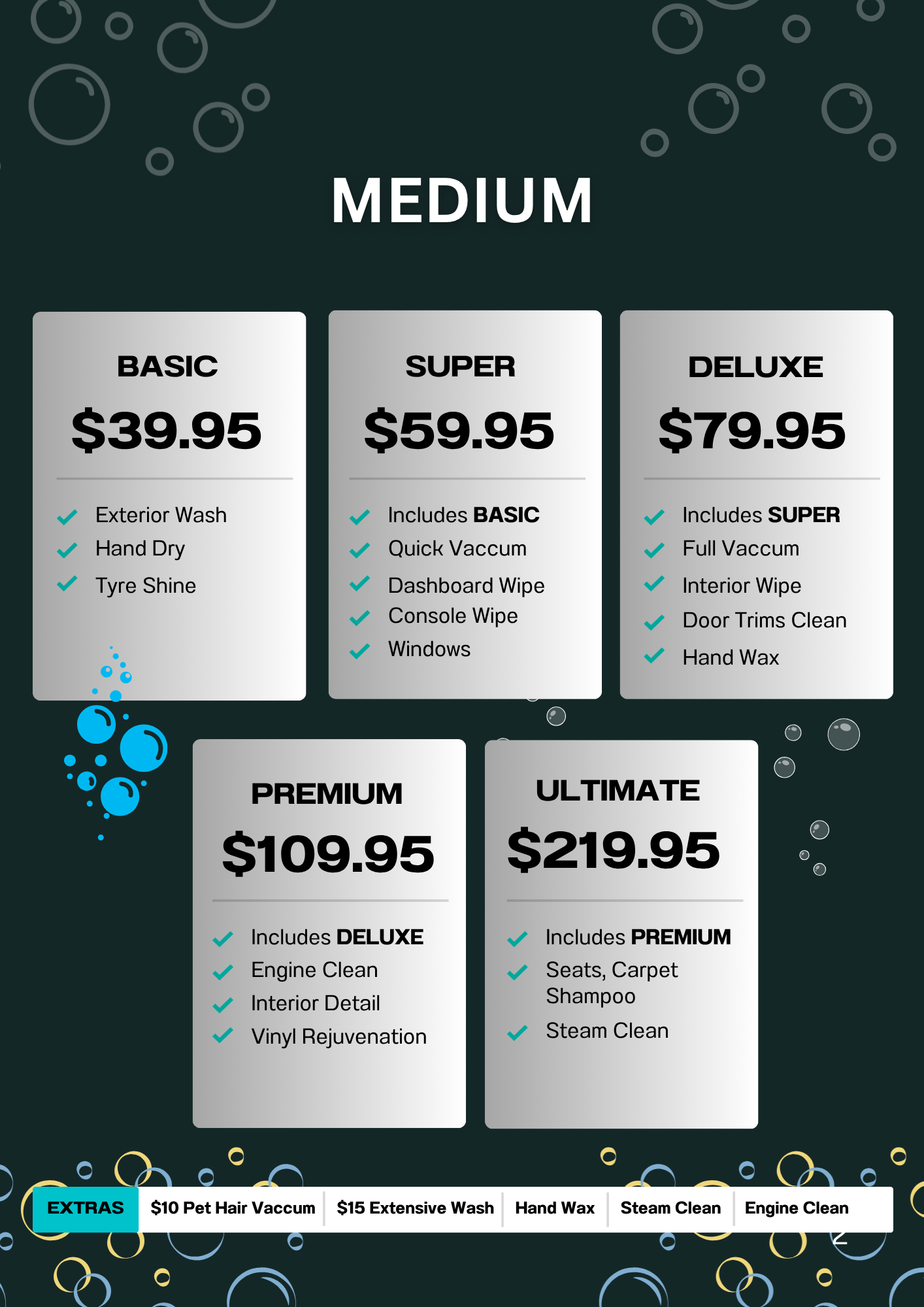 A car wash service menu with five packages: Basic for $39.95 including exterior wash, hand dry, and tyre shine; Super for $59.95 including Basic services plus quick vacuum, dashboard wipe, console wipe, and window cleaning; Deluxe for $79.95 includin