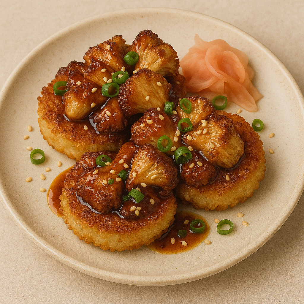 Miso Caramel Lion’s Mane with Crispy Rice