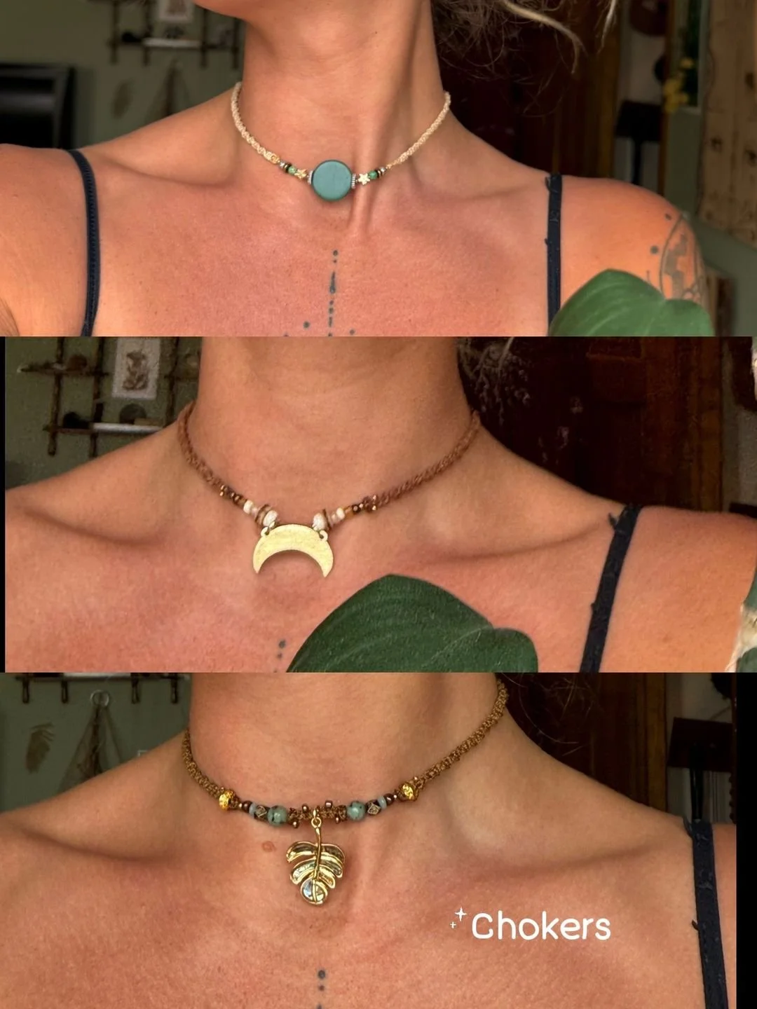 Three close-up images of a woman's neck and chest area. The woman is wearing different necklaces and a black strap top. The first necklace has a large turquoise bead with small decorative beads, the second features a crescent moon pendant with beaded chain, and the third has a leaf-shaped pendant with colorful beads. The background shows a room with shelves and decor.