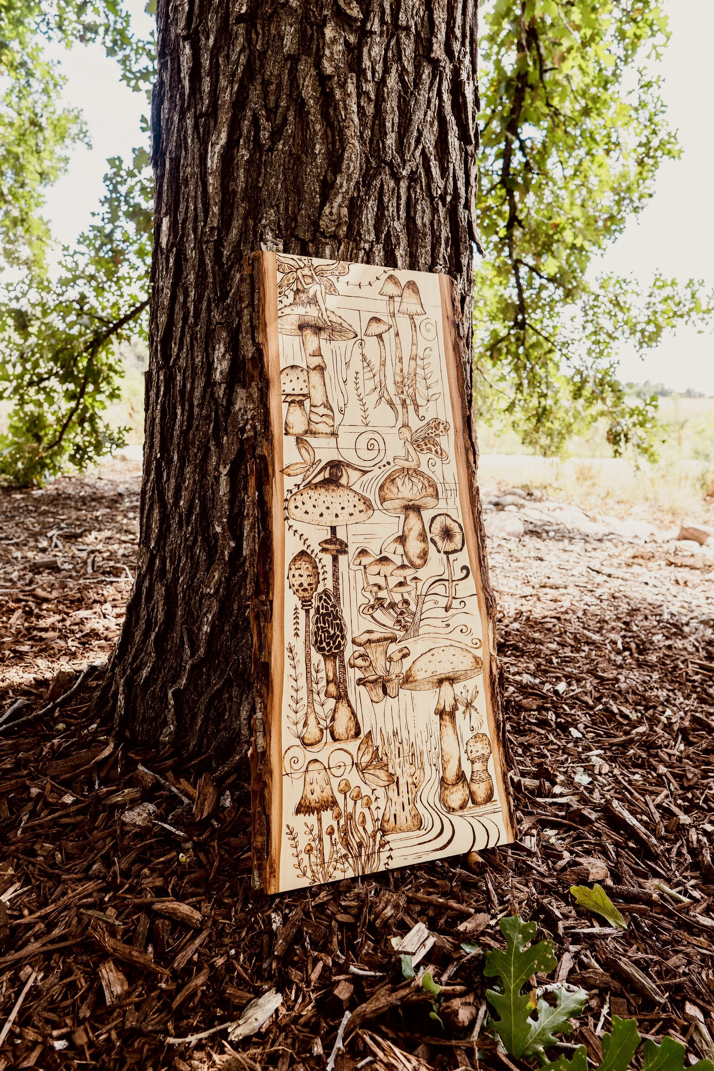 Divine feminine, earth, mushroom, trippy, fairy, spiritual wood burning. Wall decor. Handmade.