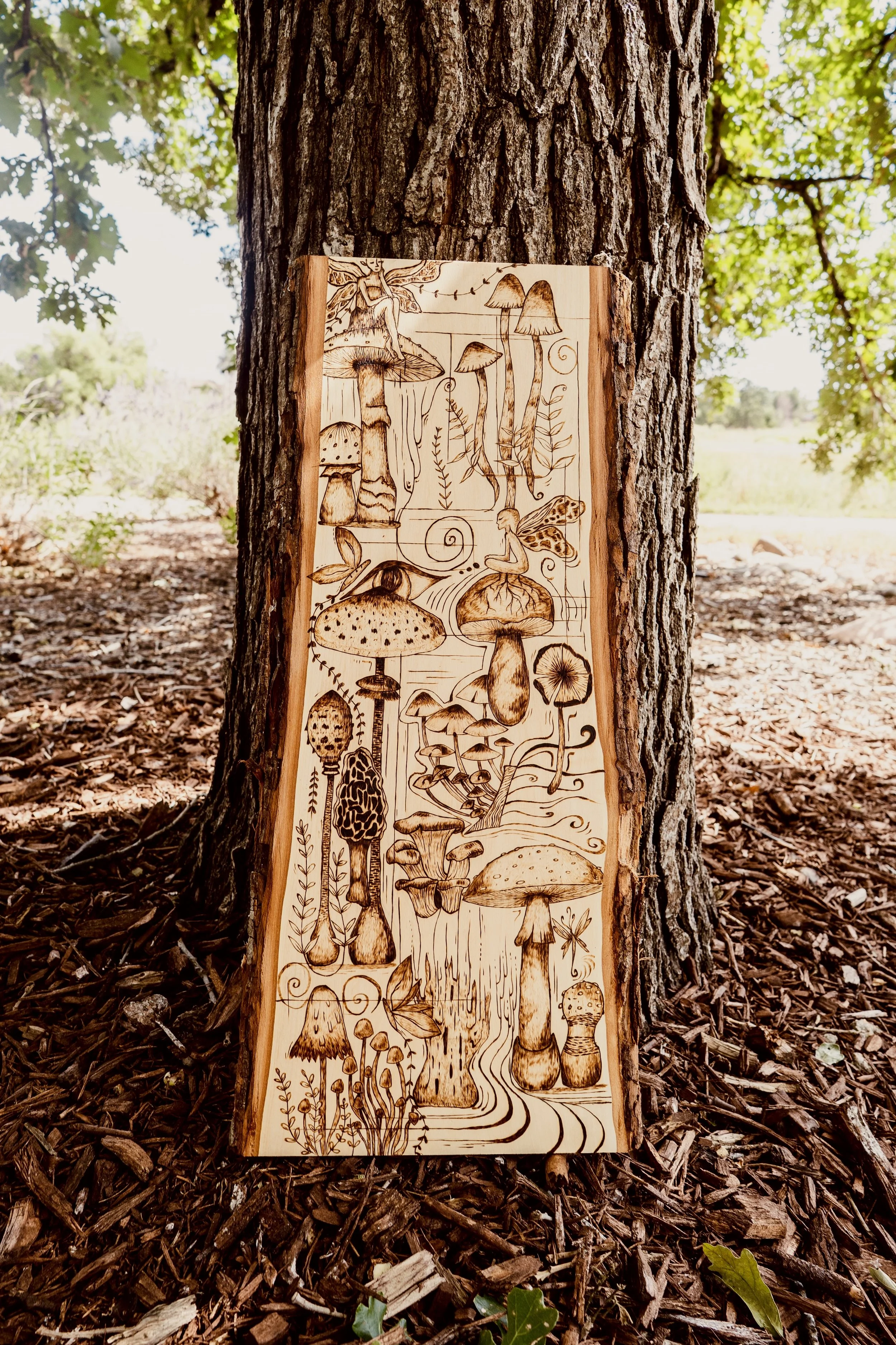 Divine feminine, earth, mushroom, trippy, fairy, spiritual wood burning. Wall decor. Handmade.