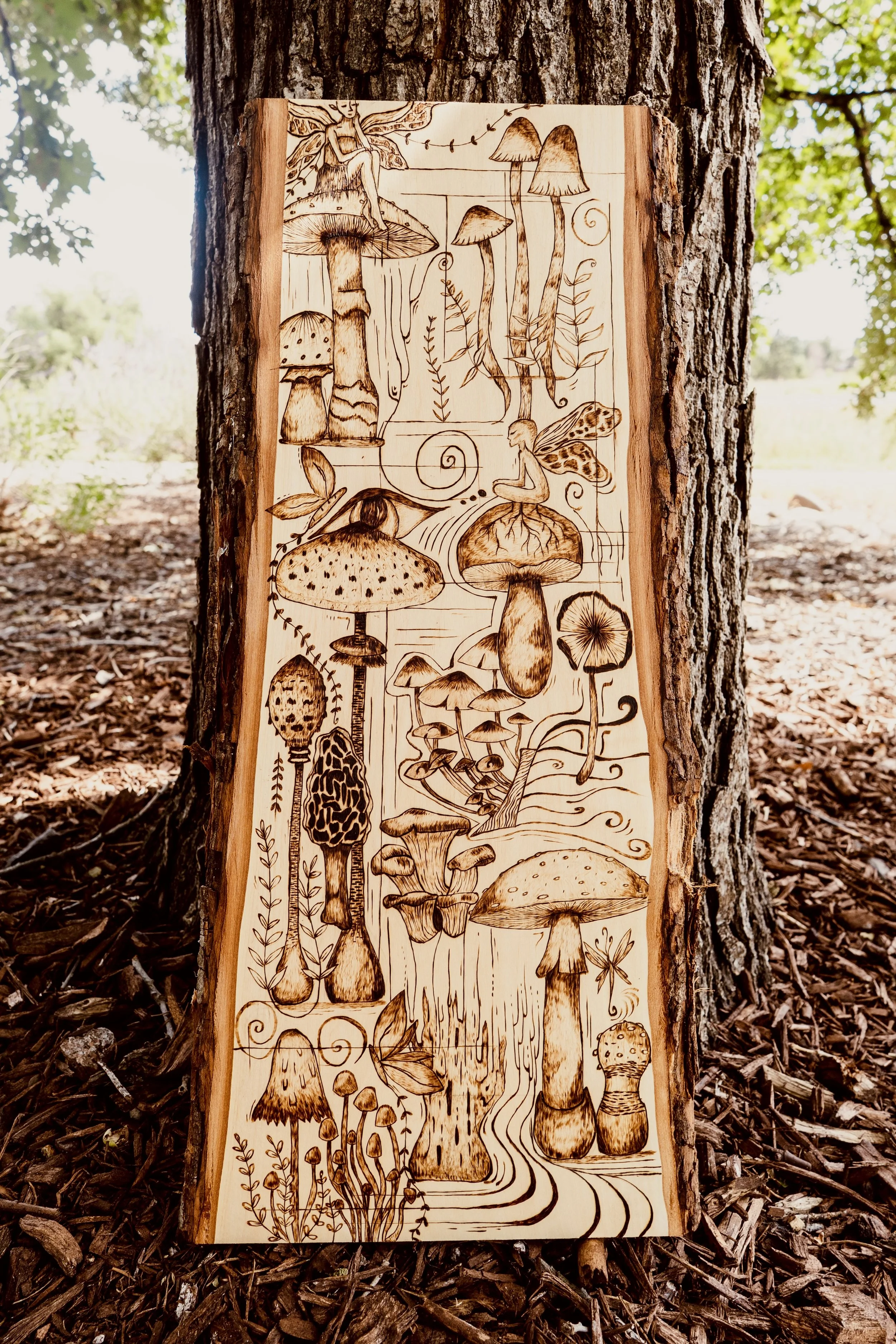 Divine feminine, earth, mushroom, trippy, fairy, spiritual wood burning. Wall decor. Handmade.