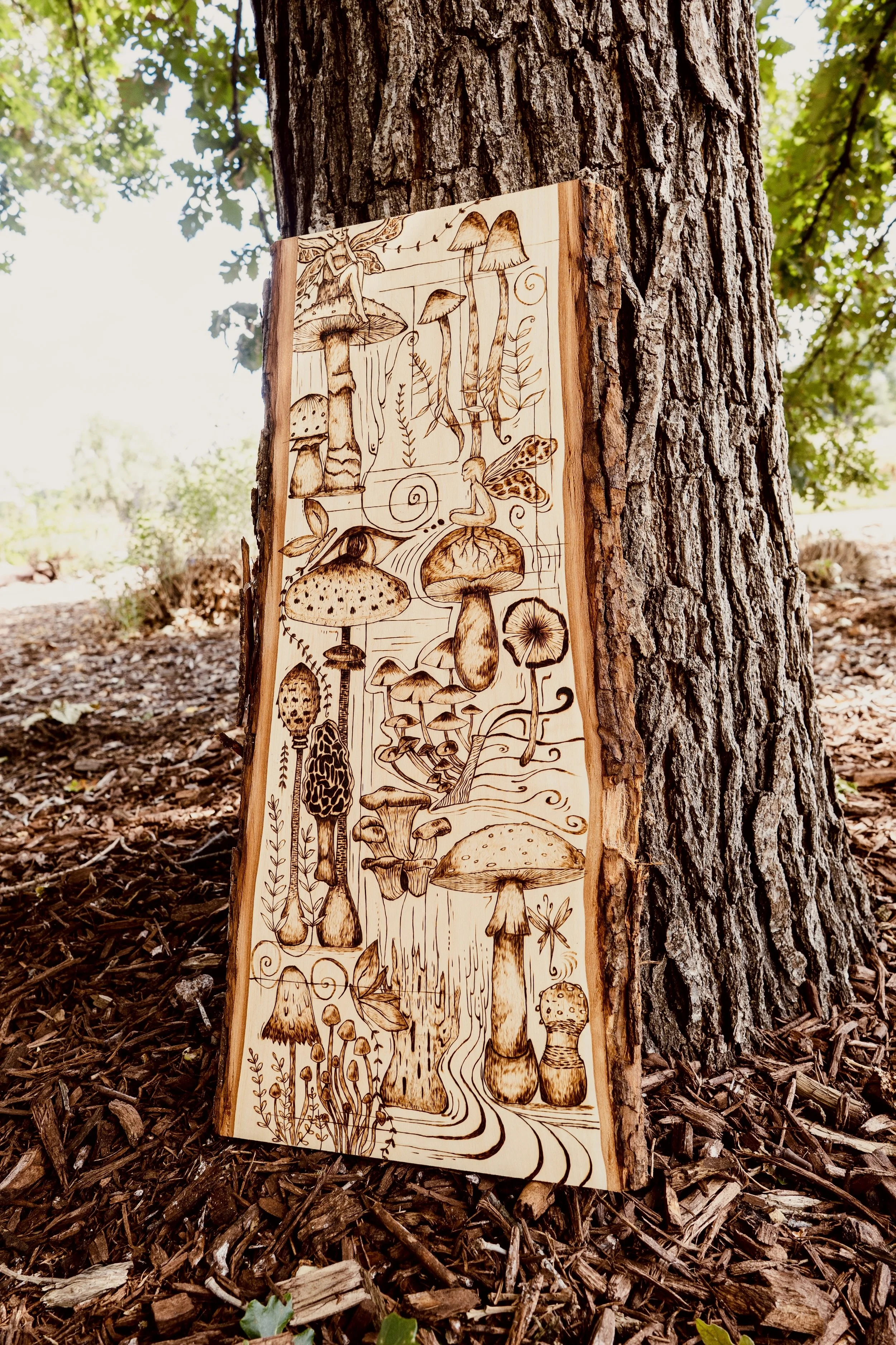 Divine feminine, earth, mushroom, trippy, fairy, spiritual wood burning. Wall decor. Handmade.