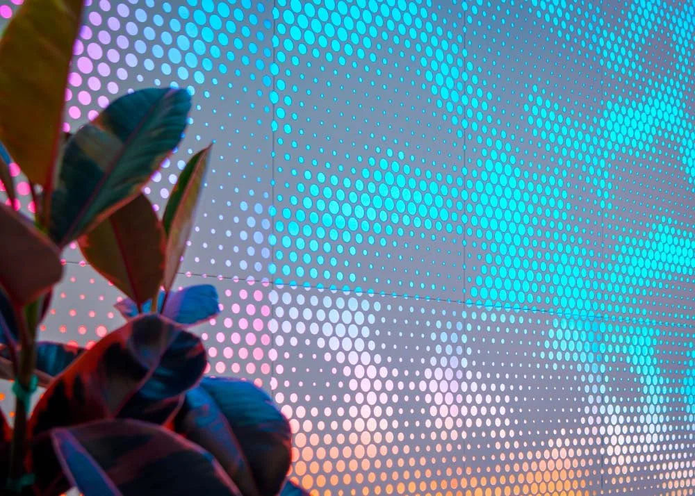 detail of backlit perforated panels with blue, pink, and orange light, and leaves in the foreground