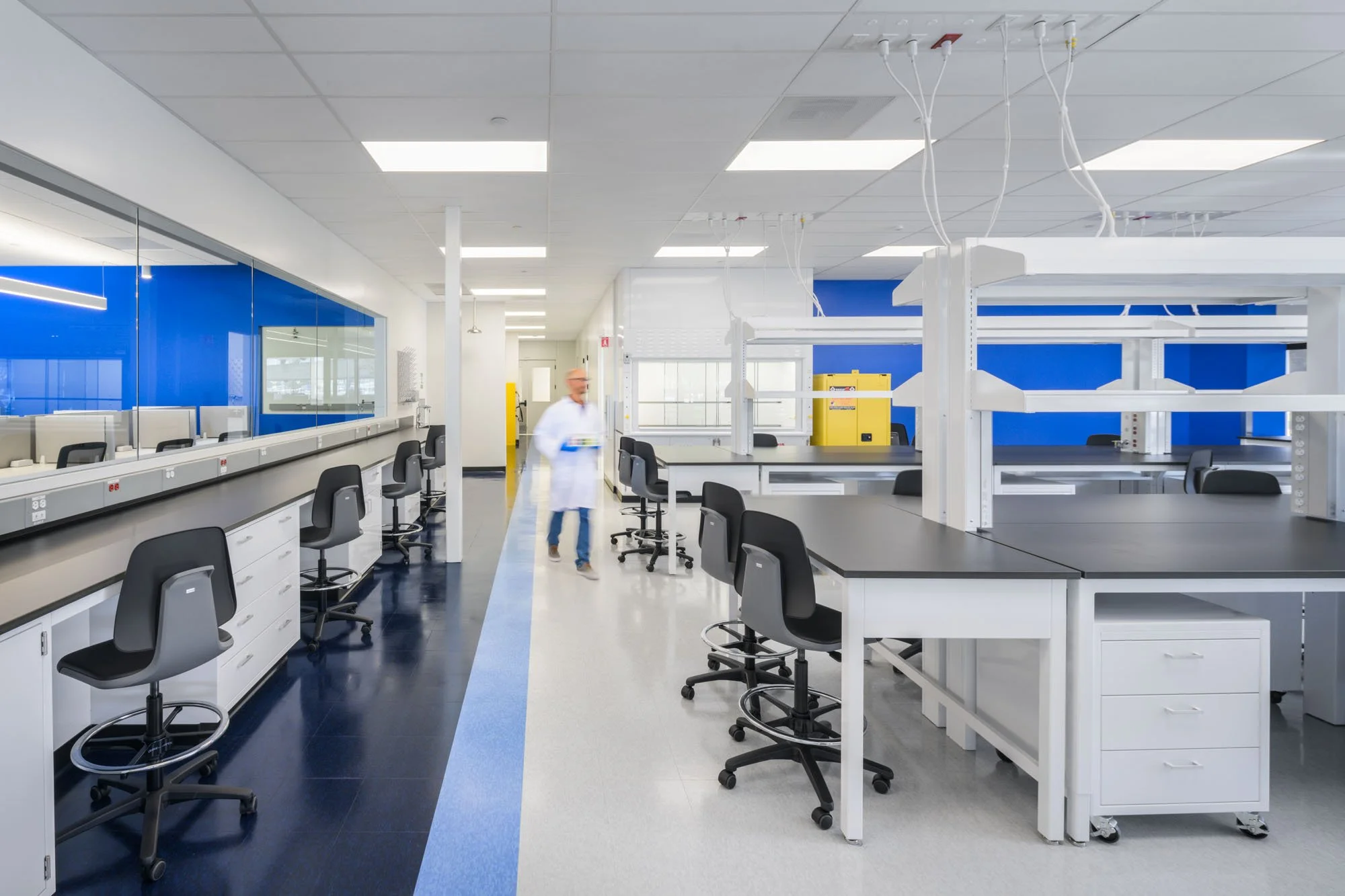 lab space in Redwood City, with blue accents and one lab worker