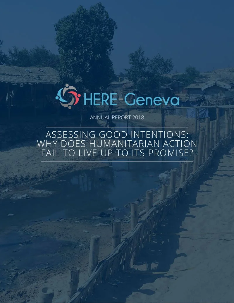 Cover page of the HERE Geneva Annual Report 2018 with a background image of a rural area, showing a river, trees, and simple houses.