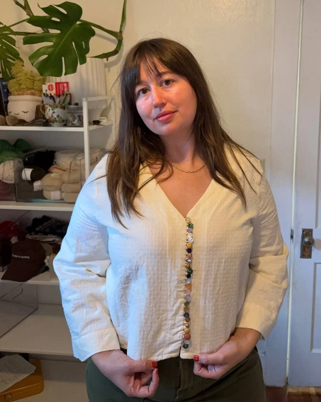 Saw a shirt with mismatched buttons in an Instagram ad and decided to recreate my own version using mismatched buttons from my grandma's collection.

This is woven cotton - the &quot;plusses&quot; print from Diamond Textiles' Manchester collection in