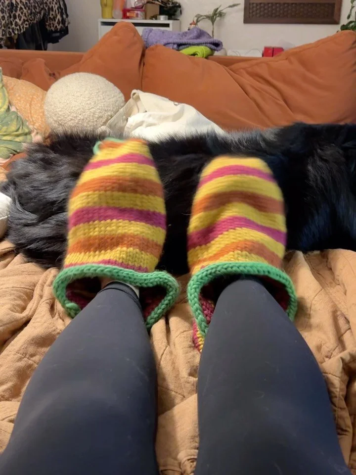 Worked up some scrappy #sailorslippers this weekend. These are such a quick knit and I have so many idea for some additional iterations&mdash;have you seen @latenightknitz cow version??? Perfection. 

I&rsquo;m thinking banana slug, Y2K Flames, stars