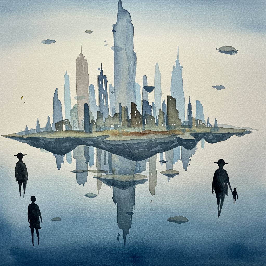 The City Between Worlds
Description:
A vast, ethereal metropolis drifts suspended in silence, its towering spires dissolving into mist and memory. Beneath it, a mirrored reflection stretches into an inverted void, suggesting a fragile balance between
