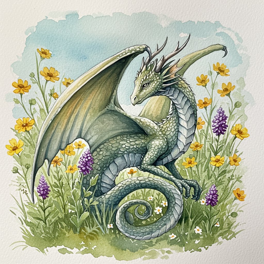 Verdant Guardian of the Meadow
Description: 
Nestled among sunlit wildflowers, a gentle green dragon rests in quiet harmony with the land. Its scales shimmer like dew-kissed leaves, and its wings, delicate as petals, catch the light with a soft trans