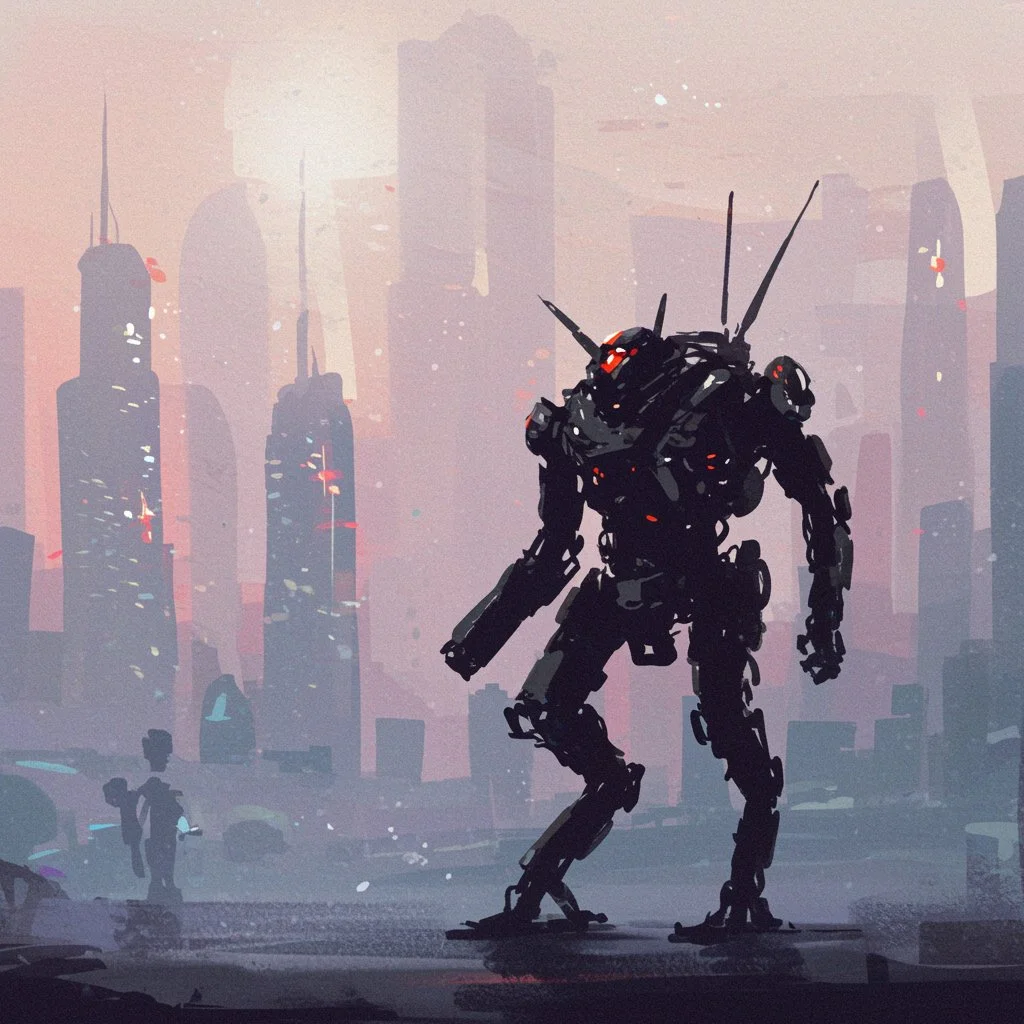 Title: Sentinel in the Dying Light
Description:
A towering combat mech stands silhouetted against a hazy, neon-washed skyline, its glowing red optics piercing the dusk like embers in a fading world. The city behind it looms in quiet decay—skyscrapers