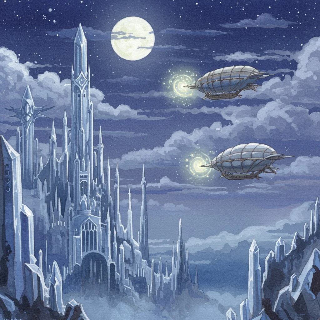 Title: Moonlit Crystal Citadel
A dreamy fantasy illustration of a towering crystal castle beneath a glowing full moon, surrounded by misty clouds and luminous airships drifting through the night sky. Cool blue tones and soft watercolor textures creat