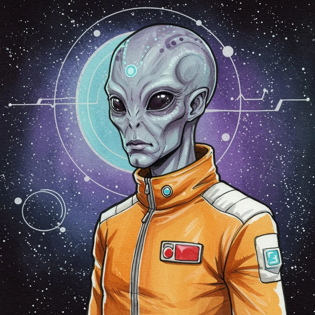 Signal from the Silent Orbit
Description: 
A solitary extraterrestrial observer drifts between science and mystery, clad in a burnished orange suit that hints at exploration beyond known stars. Their smooth, elongated features and luminous cranial ma
