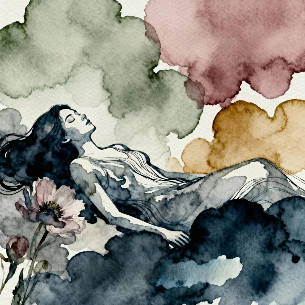 Daydream- A drifting reverie captured in watercolor, where a serene figure dissolves into clouds of color and memory. Suspended between dream and waking, the woman seems both rooted in the nature and unbound by it- her form merging with blossoms, her