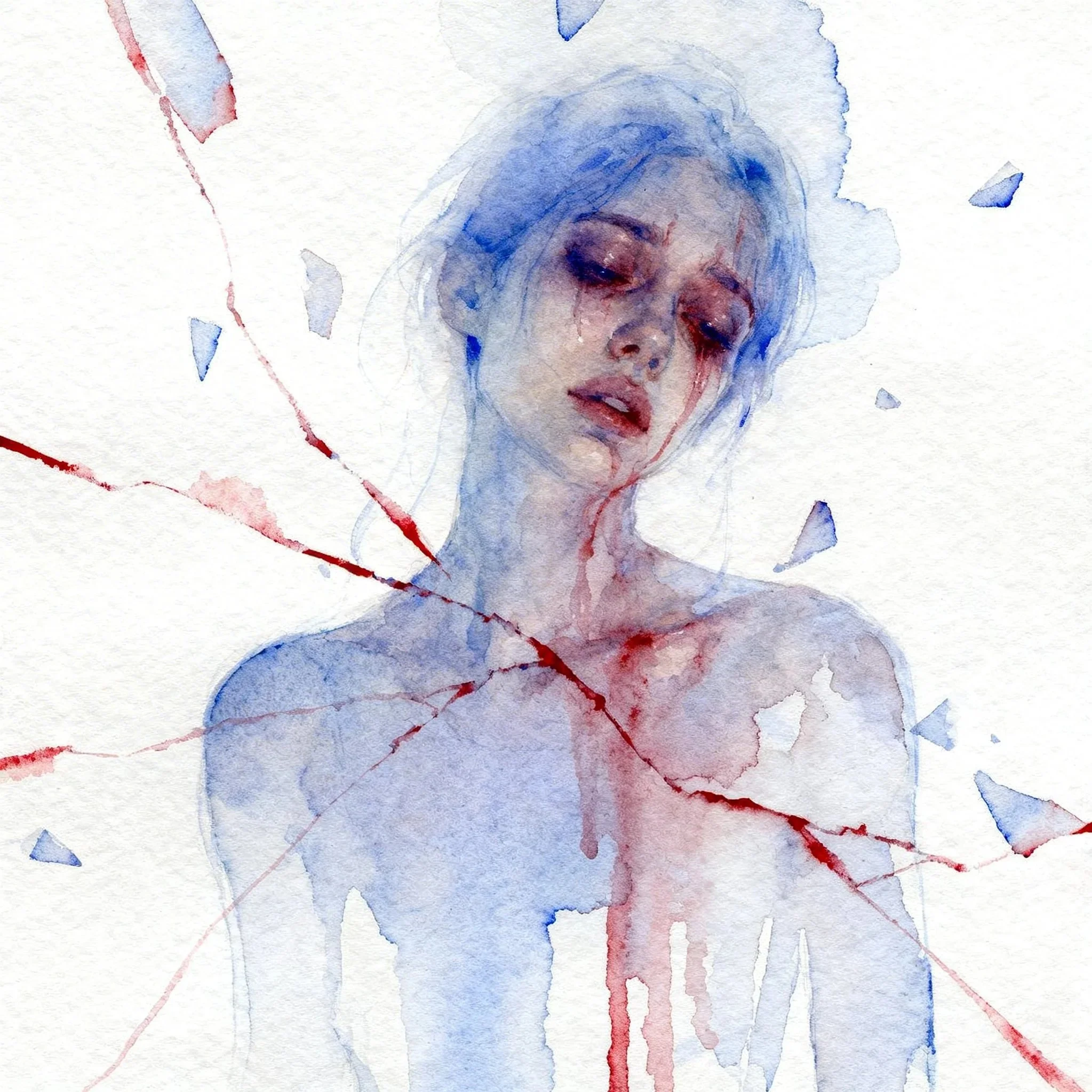 Open Wound-Open Heart. A haunting watercolor portrait of a fragile, ethereal figure suspended between beauty and rupture. Rendered in icy blues and soft washed violets, the subject’s pallid skin and distant, heavy-lidded expression evoke exhaustion, 