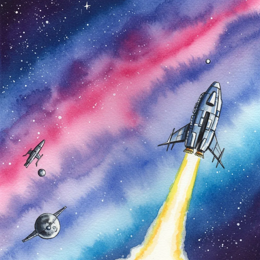 Title: Aurora Ascent
Description: 
A sleek starbound vessel ignites into the cosmos, its blazing trail cutting through a dreamy watercolor sky where violet nebulae and stardust swirl like living brushstrokes. Smaller crafts drift in quiet orbit, watc