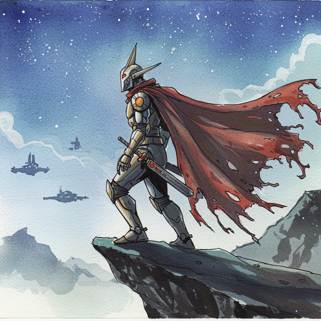 Title: Last Sentinel of the Silent Sky
Description:
Perched at the edge of a jagged cliff beneath a starlit expanse, a lone armored warrior stands watch over a distant, uncertain horizon. His battle-worn red cape flutters like a fading banner of past