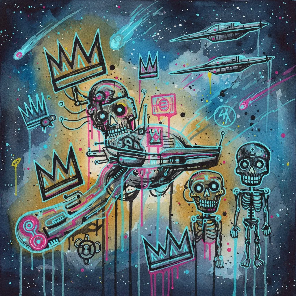 Sci-Fi Basquiat Style. Crowned in static. A neon-soaked vision of future ruin and cosmic royalty, crowned in static merges skeletal forms with circuitry, symbols, and celestial debris. Floating crowns hover like fractured halos, suggesting power that
