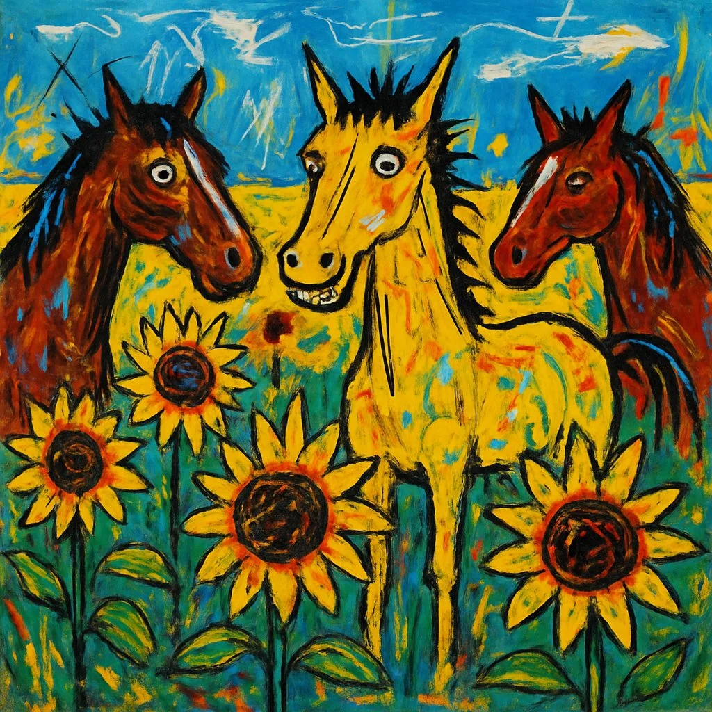 Sunflowers and Strange Horses. Inspired by Basquiat In a field where reality bends into bursts of color, three horses stand among towering sunflowers, their wide eyed and exaggerated expressions caught between joy and unease. Pained in bold strokes a