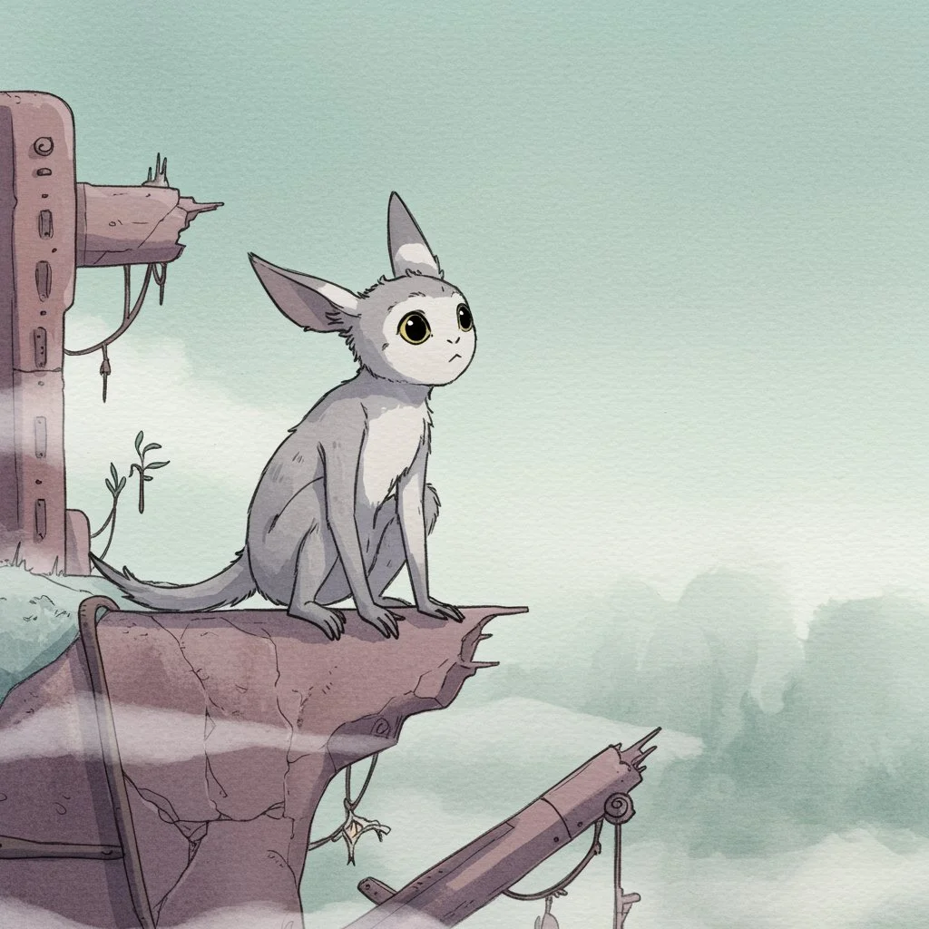 The Last Watcher of Quiet Skies
Description:
Perched on the edge of a crumbling world, a small, wide-eyed creature keeps silent vigil over a mist-wrapped horizon. Its delicate frame contrasts with the fractured metal ruins beneath it—remnants of some