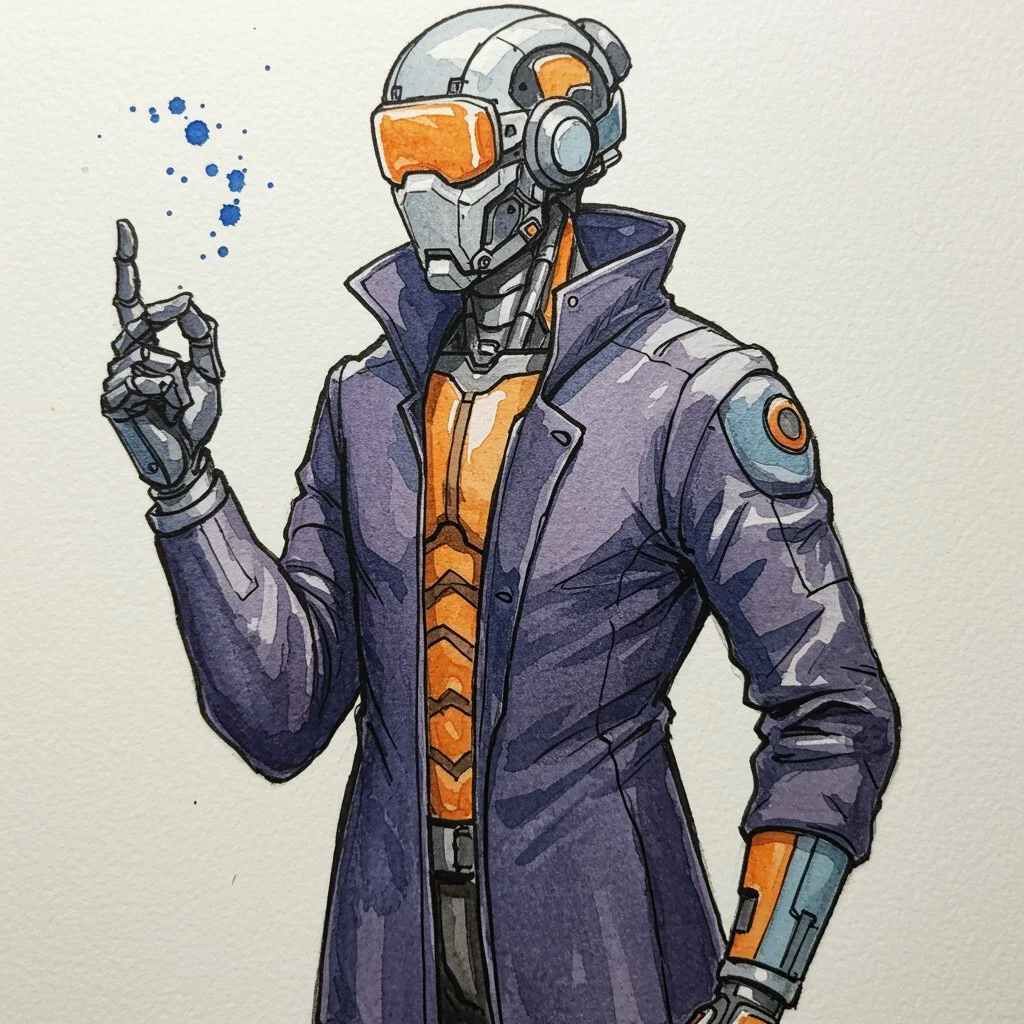 Neon Thought: The Cyber Savant
Description:
A sleek cybernetic figure stands poised between logic and imagination, its metallic form softened by expressive watercolor strokes. The glowing amber visor hints at a mind processing vast streams of data, w