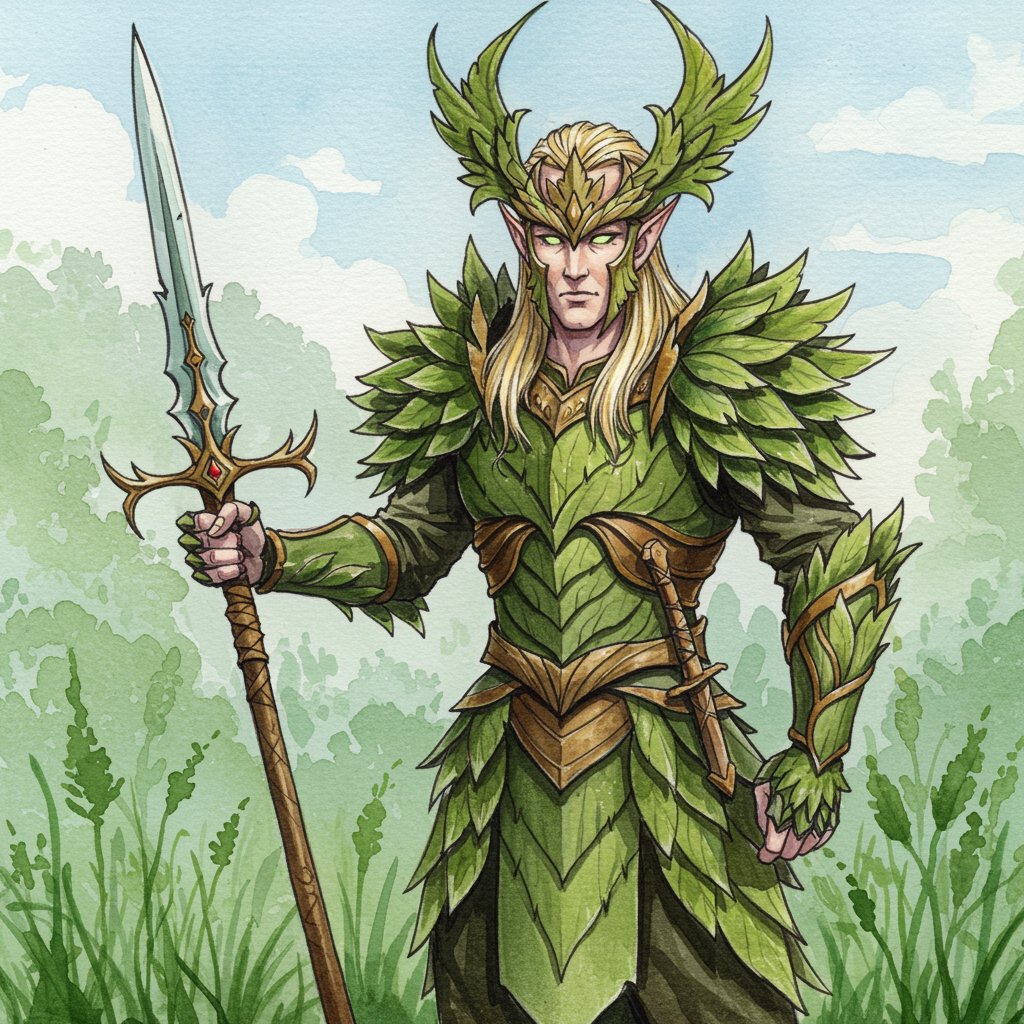Title: Verdant Elven Warden
Description: 
A regal elven guardian stands in a sunlit meadow, clad in layered leaf armor and an antlered crown, holding an ornate spear. The watercolor fantasy style gives the character a graceful, mystical presence with