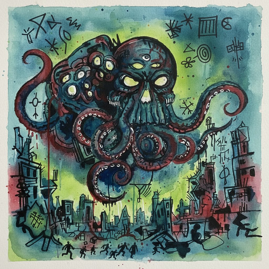 Eyes of the Abyss- The chaotic, almost feverish colors(green, blue, crimson) and dripping forms give the sense that reality itself is unraveling.