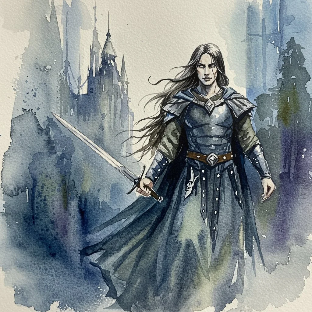 Title: The Last Sentinel of Ashen Spires
Description:
A lone warrior emerges from the mist, her presence as sharp and unyielding as the blade she carries. Draped in flowing steel-blue armor and a wind-torn cloak, she stands before the shadowed ruins 