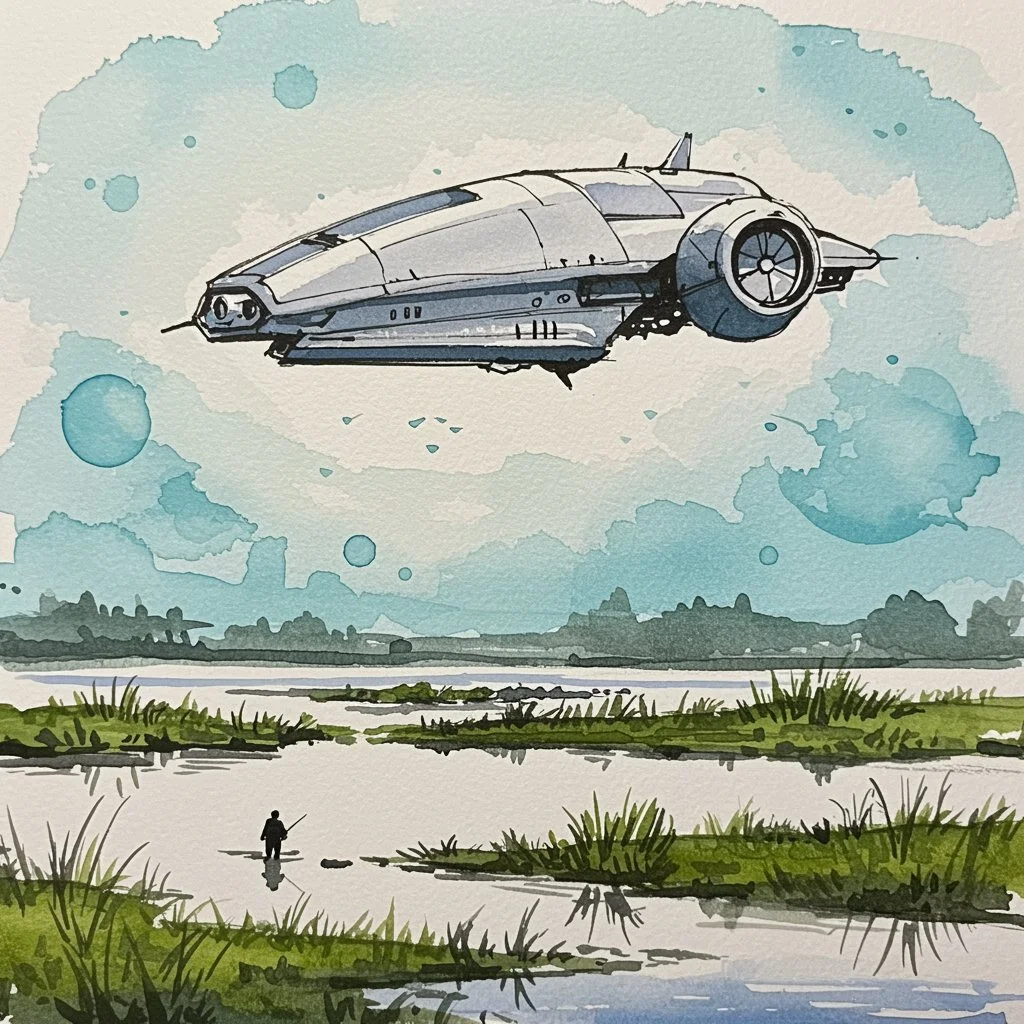 Silent Overflight
Description:
A lone figure stands ankle-deep in shimmering wetlands, frozen in quiet awe as a sleek, otherworldly craft glides overhead. Rendered in soft watercolor washes, the scene blends serenity with mystery—earthy greens and re