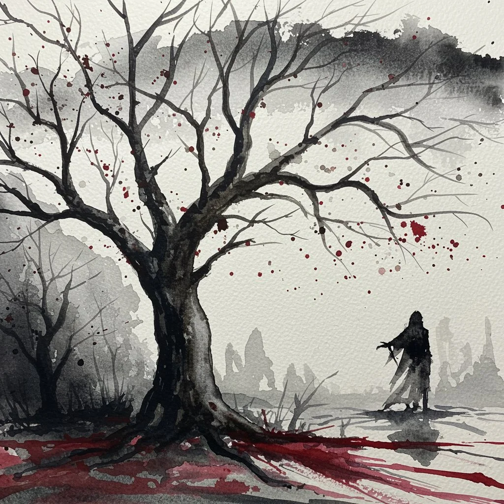 Title: The Bleeding Grove
Description:
A stark, skeletal tree claws at a washed-out sky, its branches splattered with crimson like wounds that never healed. Beneath it, the earth runs red—seeping, spreading, remembering. In the distance, a lone figur