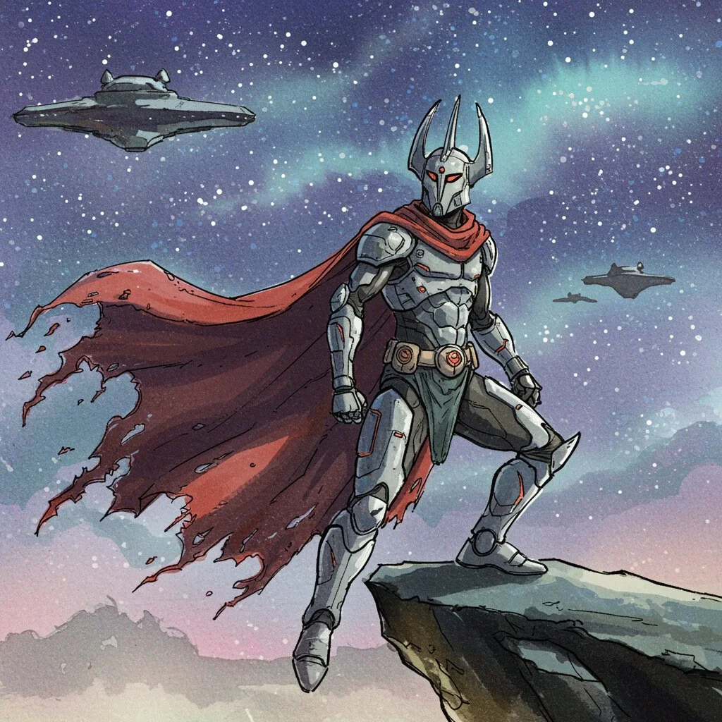 Title: Last Sentinel of the Void
Description:
Perched on the edge of a fractured world, a lone armored sentinel stands against the endless expanse of space. His tattered crimson cape whips in the cosmic wind, a symbol of battles long fought and losse