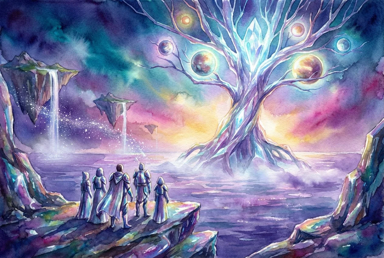 The Luminant Arbor- A towering bioluminescent crystal-tree rises from a mist-smoothed lavender sea, its braided trunk refracting teal, indigo, magenta, and gold. Planet-like lanterns float among its branches, casting warm halos that scatter like star