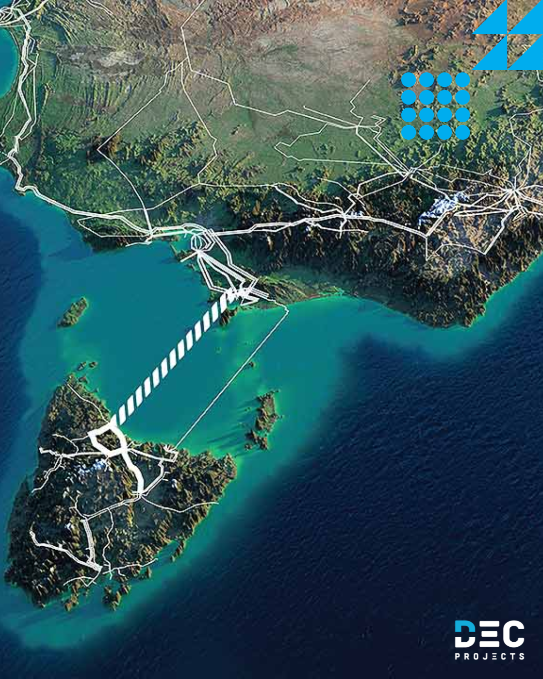 Aerial map graphic of the Marinus Link route between Tasmania and Victoria, showing major infrastructure connections and subsea electricity interconnector alignment, branded by DEC Projects.