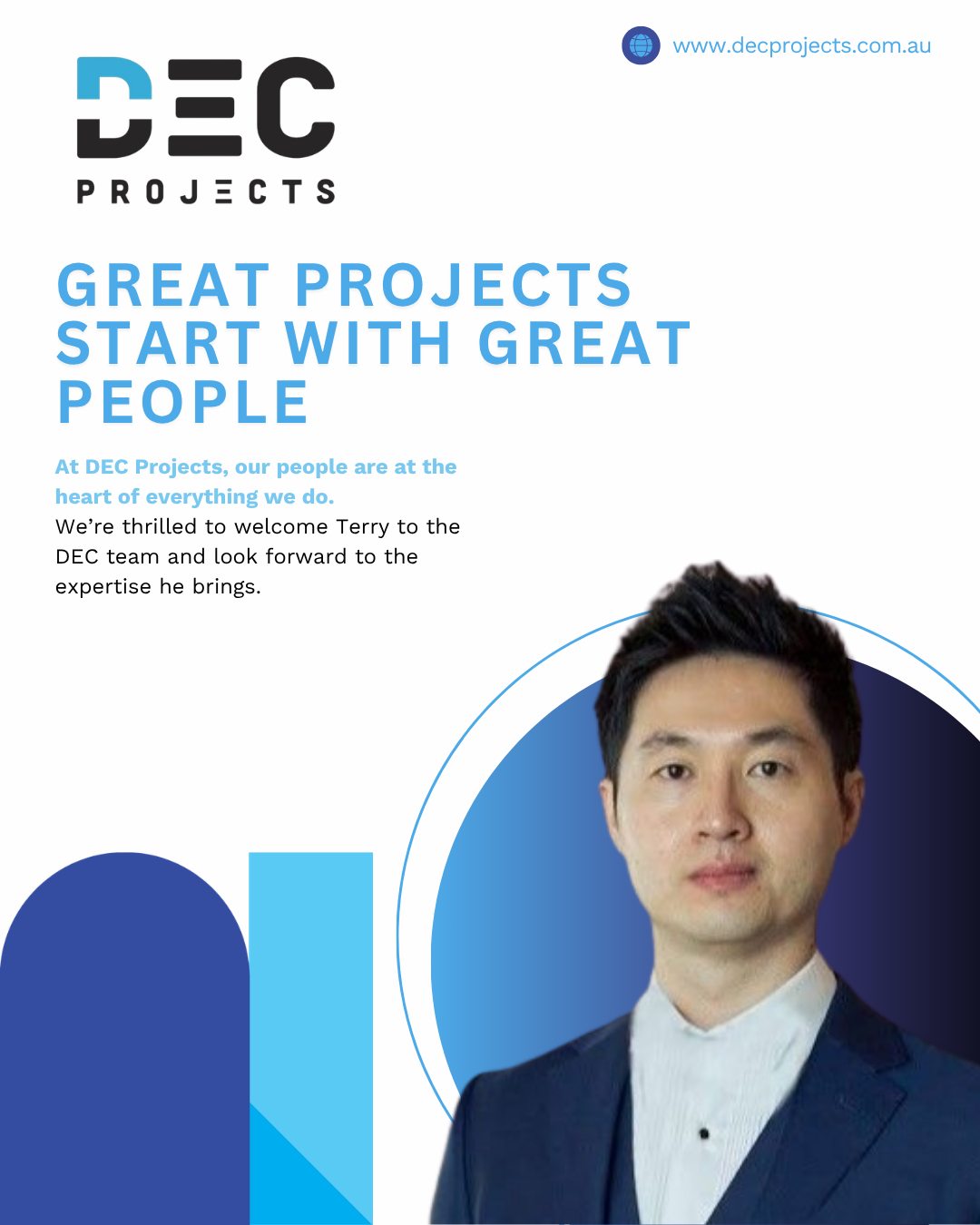 DEC Projects welcome post featuring new team member Terry Ting, a Chartered Professional Engineer with rail infrastructure experience, highlighting team growth, people-focused culture and expertise in construction and project delivery.